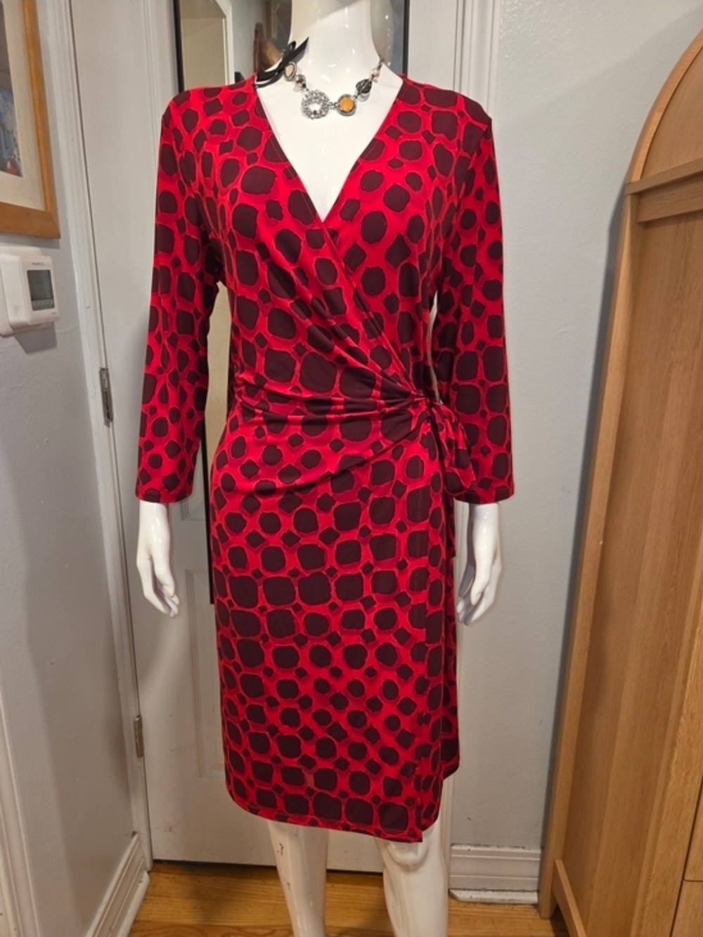 Anne Klein Beautiful Red & Black Geometric Wrap Dress Sz XL